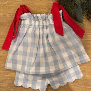 Blue and White Gingham Dress with Red Straps